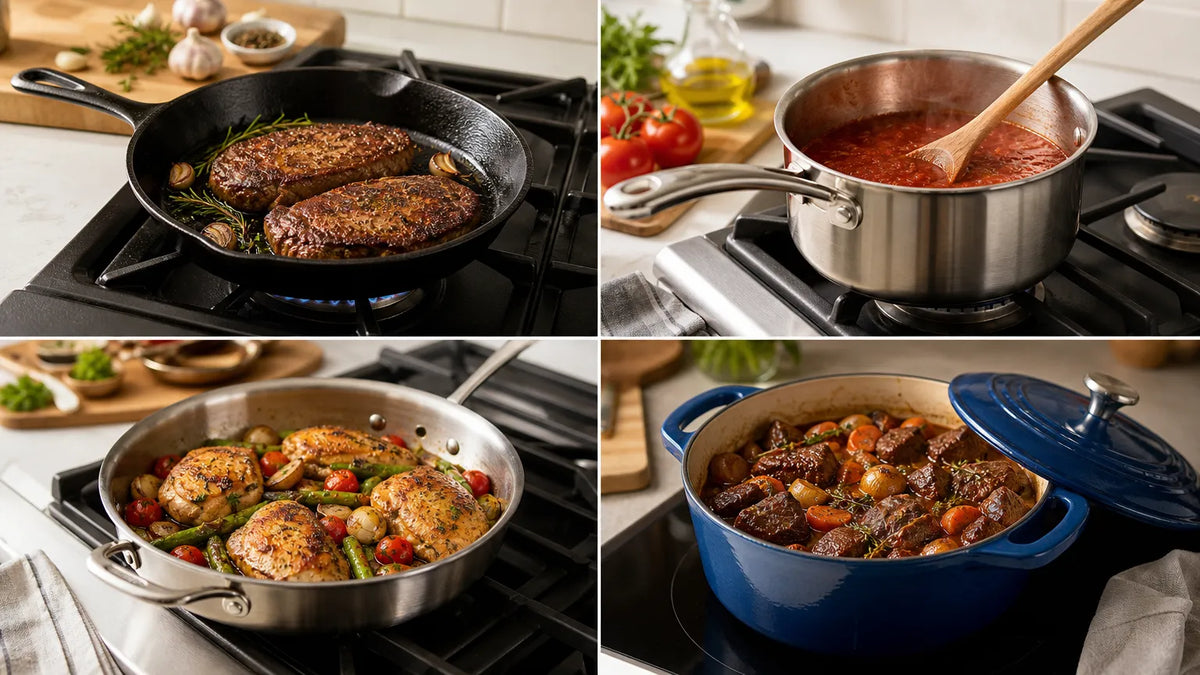 Different cookware types matched to cooking methods, including skillet searing, saucepan simmering, sauté pan cooking, and Dutch oven braising