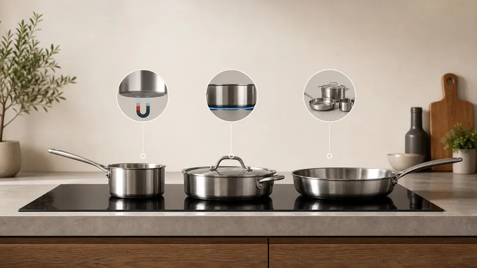 Stainless steel induction cookware on a glass cooktop showing a magnetic base test and flat bottom design.