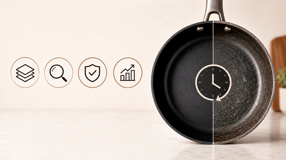 Deluxe Cookware durable frying pan shown new versus worn with central clock icon and feature icons