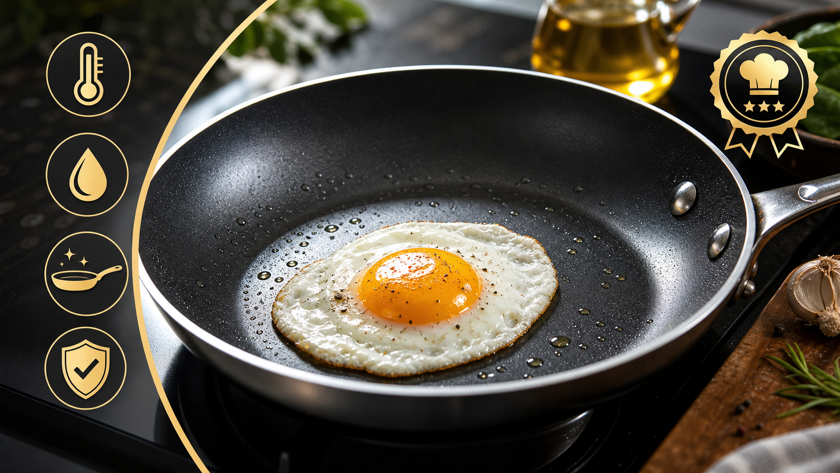 Deluxe Cookware black nonstick frying pan with sunny-side-up egg seasoned in oil on stovetop