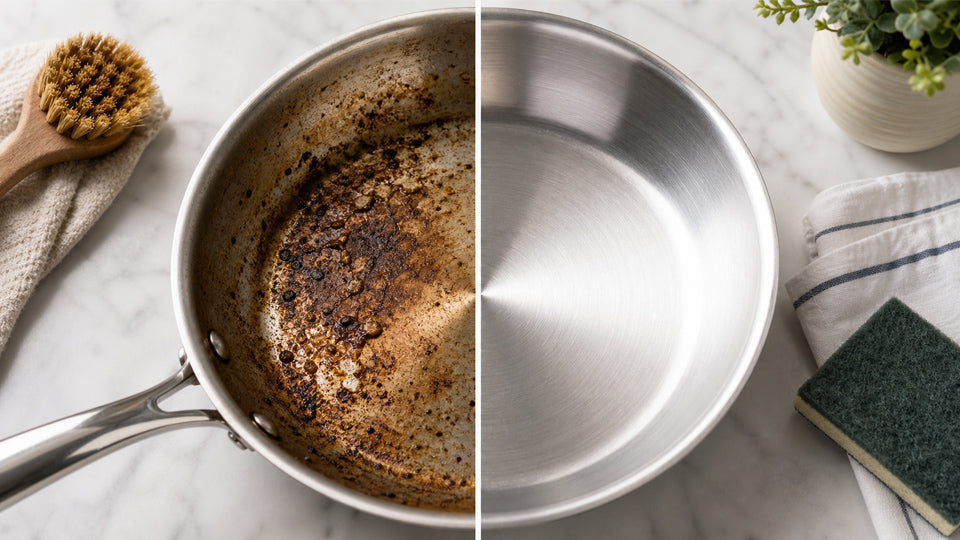 Side-by-side stainless steel pan before and after cleaning with scrub brush and sponge
