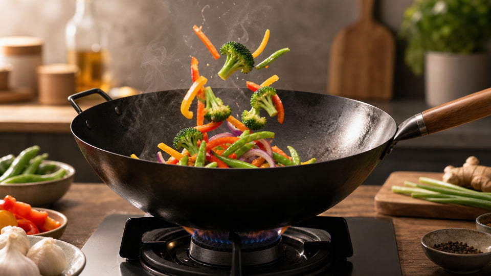 Vegetables stir-frying in a wok over a gas flame