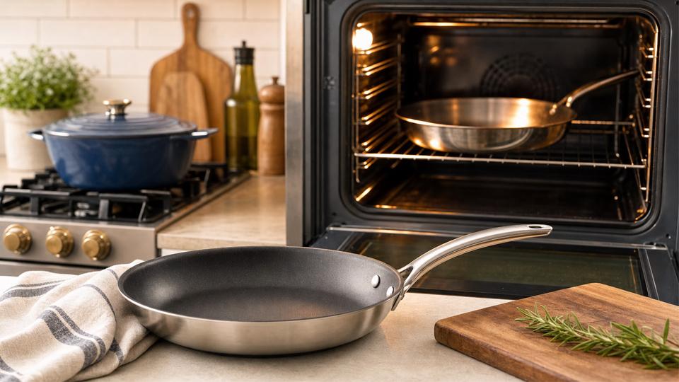 Stainless steel frying pan in a kitchen beside an oven and cutting board
