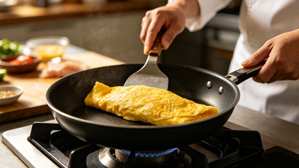 Chef flips golden omelette in Deluxe Cookware nonstick frying pan using wooden spatula over blue gas flame
