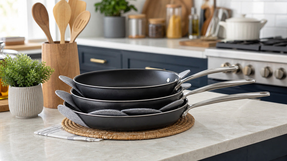 Stack of nonstick frying pans on a kitchen countertop with wooden utensils