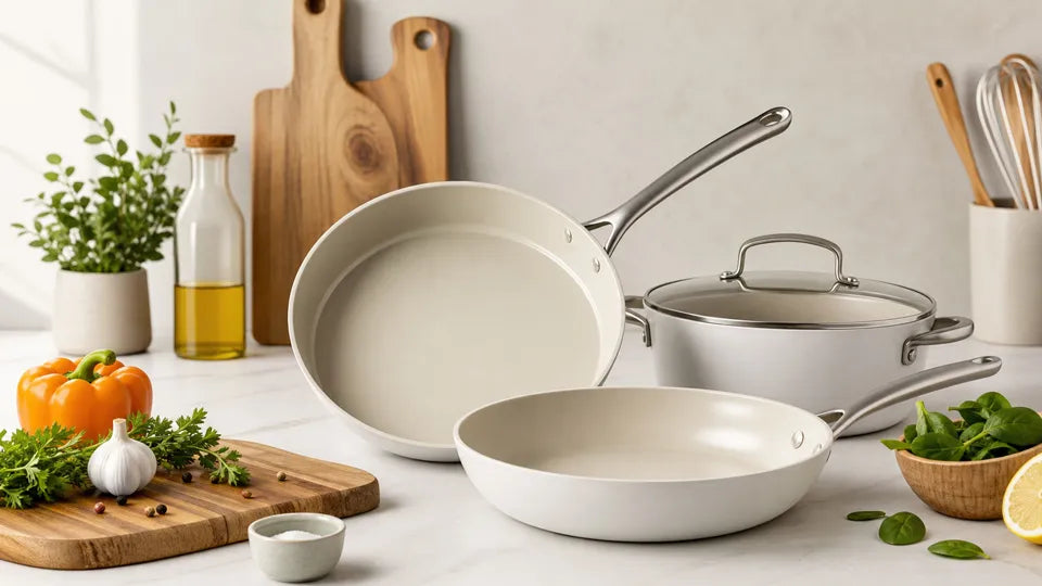 Deluxe Cookware cream non-stick frying pans and lidded pot on marble counter with fresh peppers, garlic and herbs