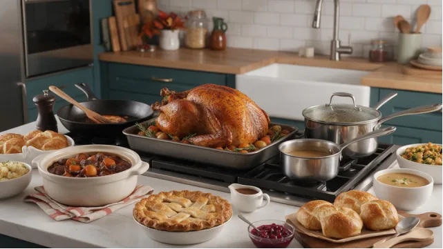 Roast bird in a metal roasting pan on a stovetop, with pie, rolls, and side dishes nearby.