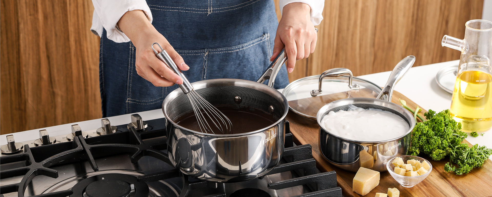 iDeluxeCookware hybrid cookware banner for saucepans collection stainless steel