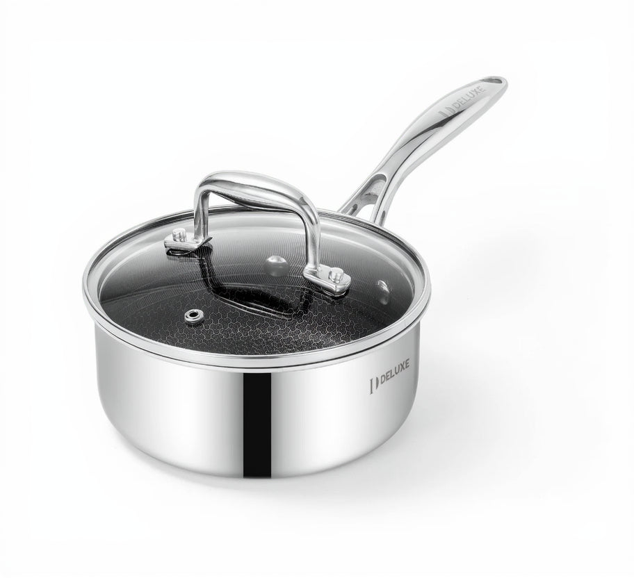 Deluxe Cookware 3 quart hybrid ceramic nonstick stainless steel saucepan with glass lid