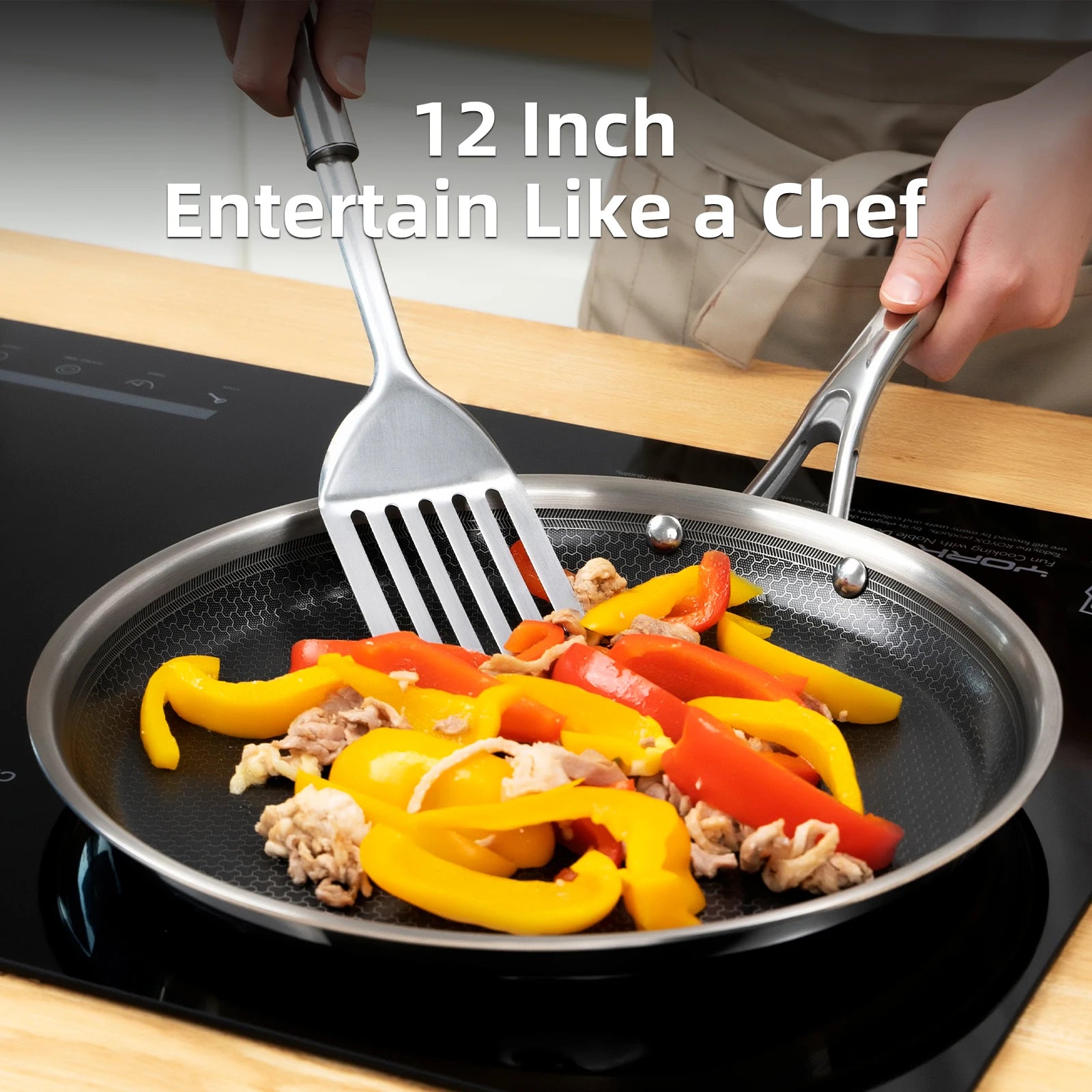 12-inch hybrid ceramic nonstick stainless steel crepe pan cooking vegetables on stovetop