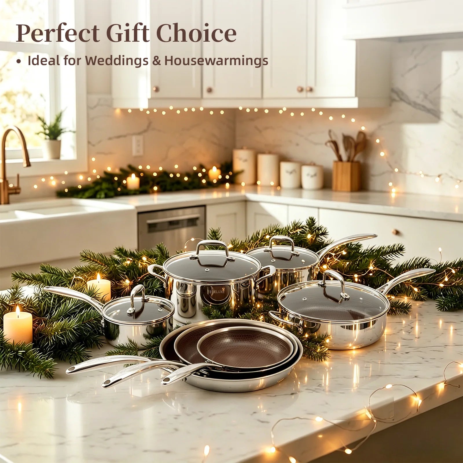 13-Piece Hybrid Ceramic Nonstick Stainless Steel Cookware Set (Burgundy) - Deluxe Cookware