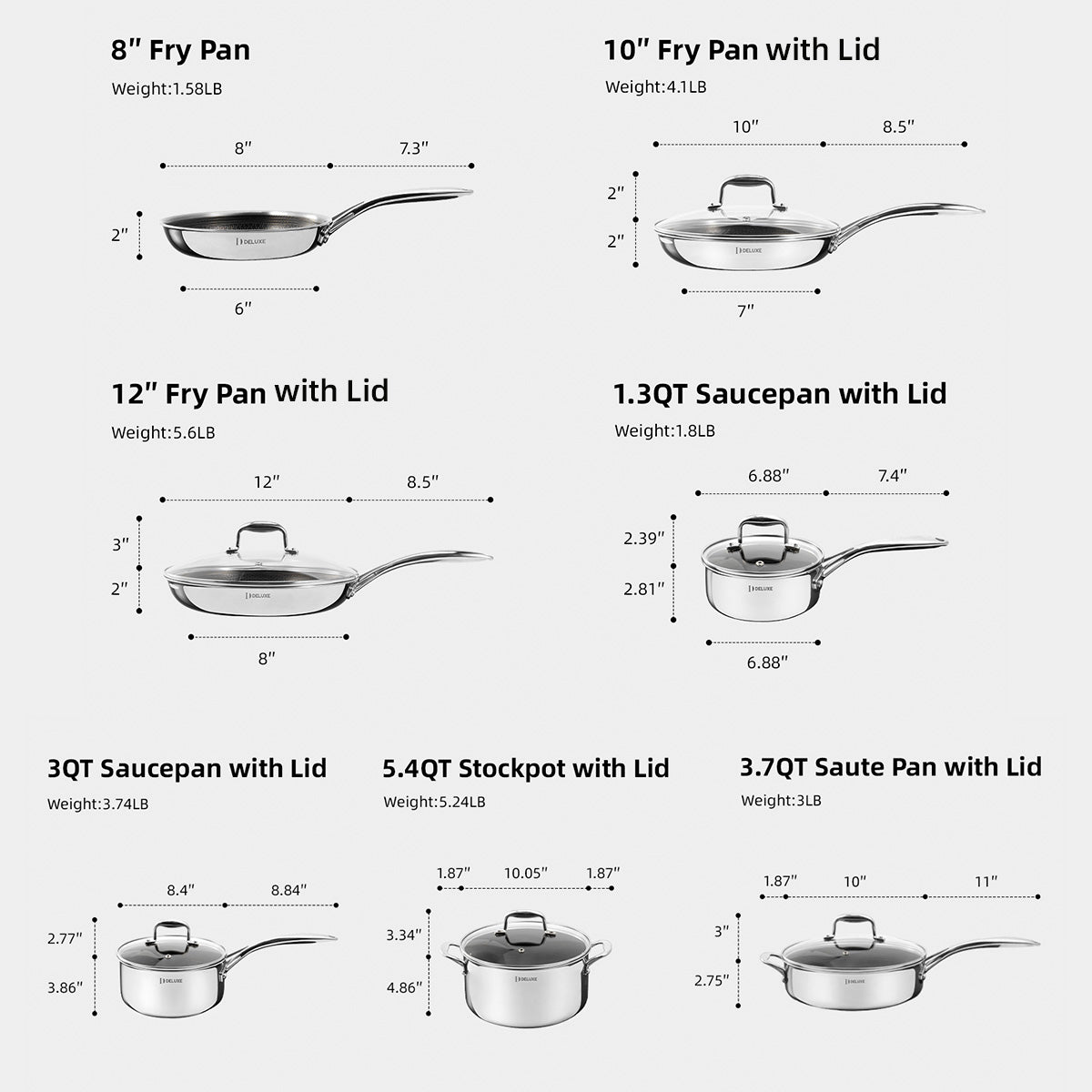 13-piece stainless steel cookware set with hybrid ceramic nonstick, including pans, saucepans, stockpot and lids