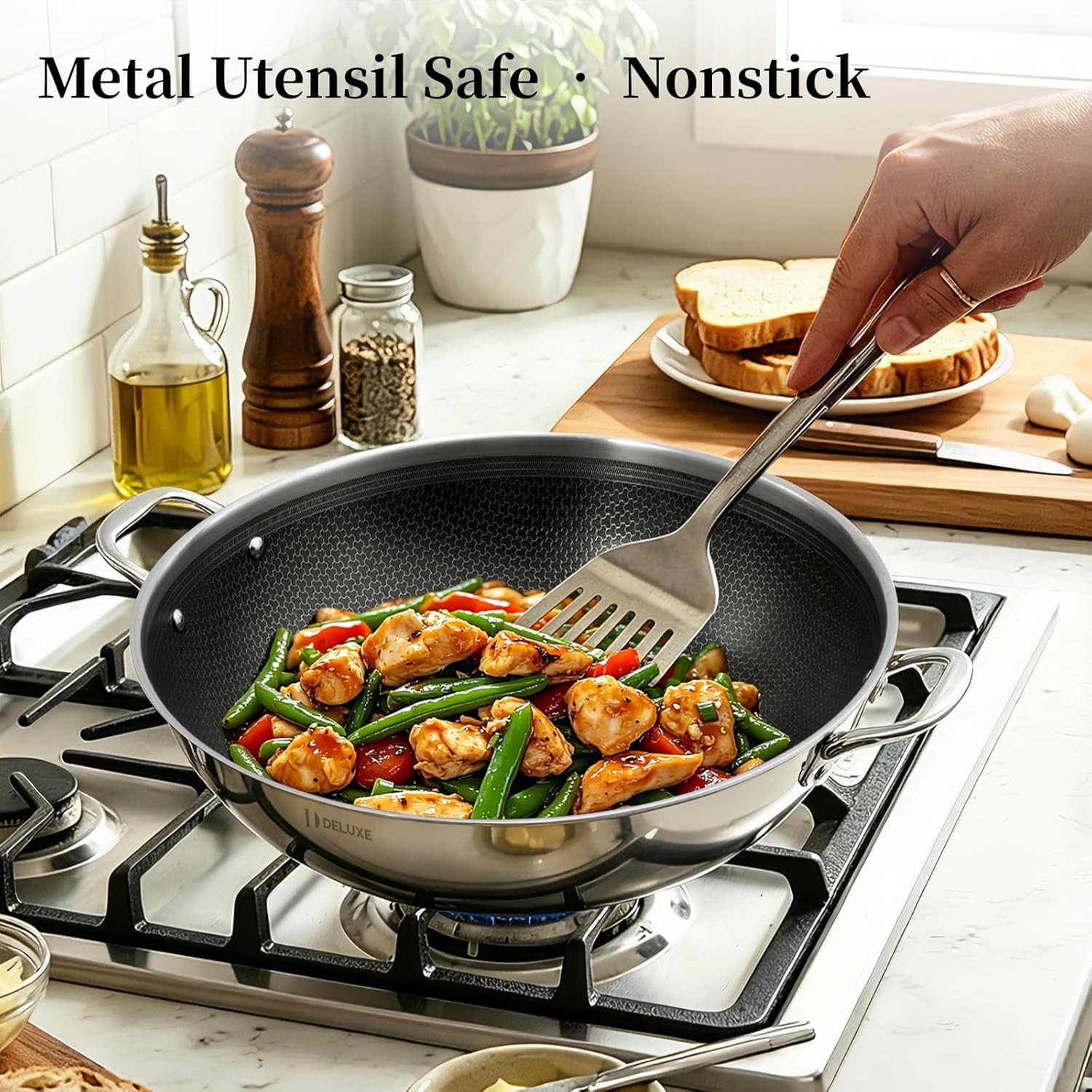 Deluxe Cookware 14 inch hybrid ceramic nonstick stainless steel wok with lid