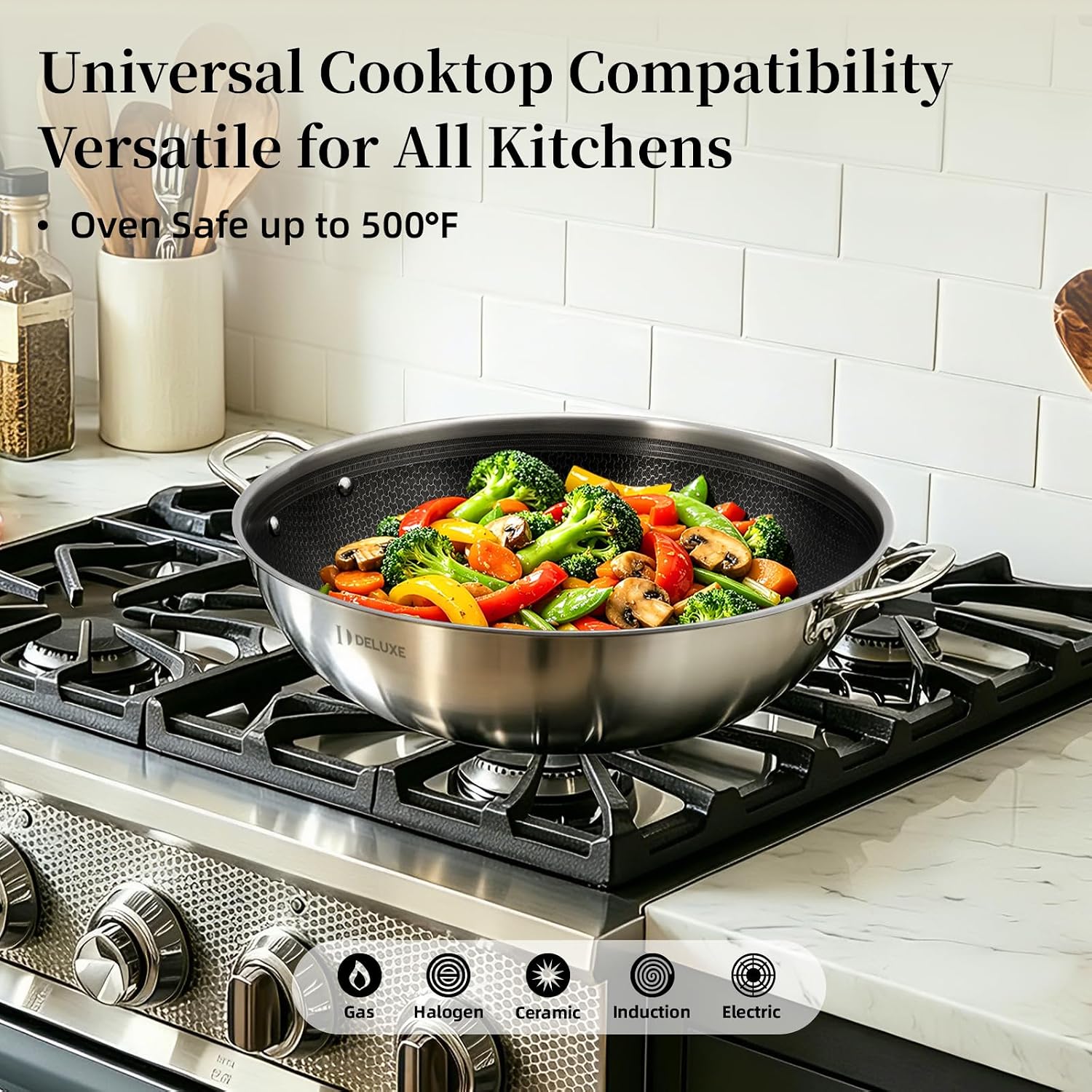 Deluxe Cookware 14 inch hybrid ceramic nonstick stainless steel wok with lid