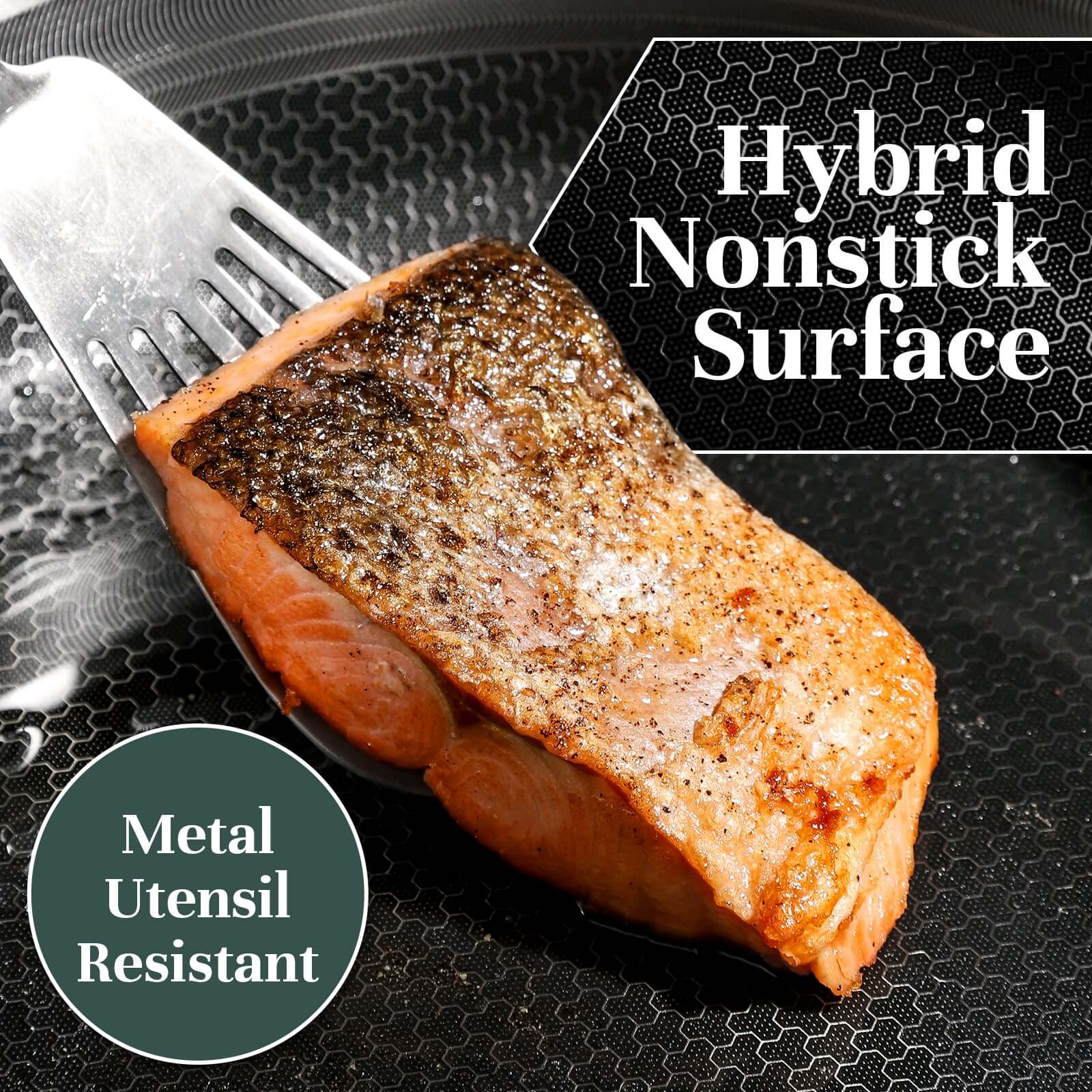 Hybrid ceramic non stick and stainless steel surface close-up