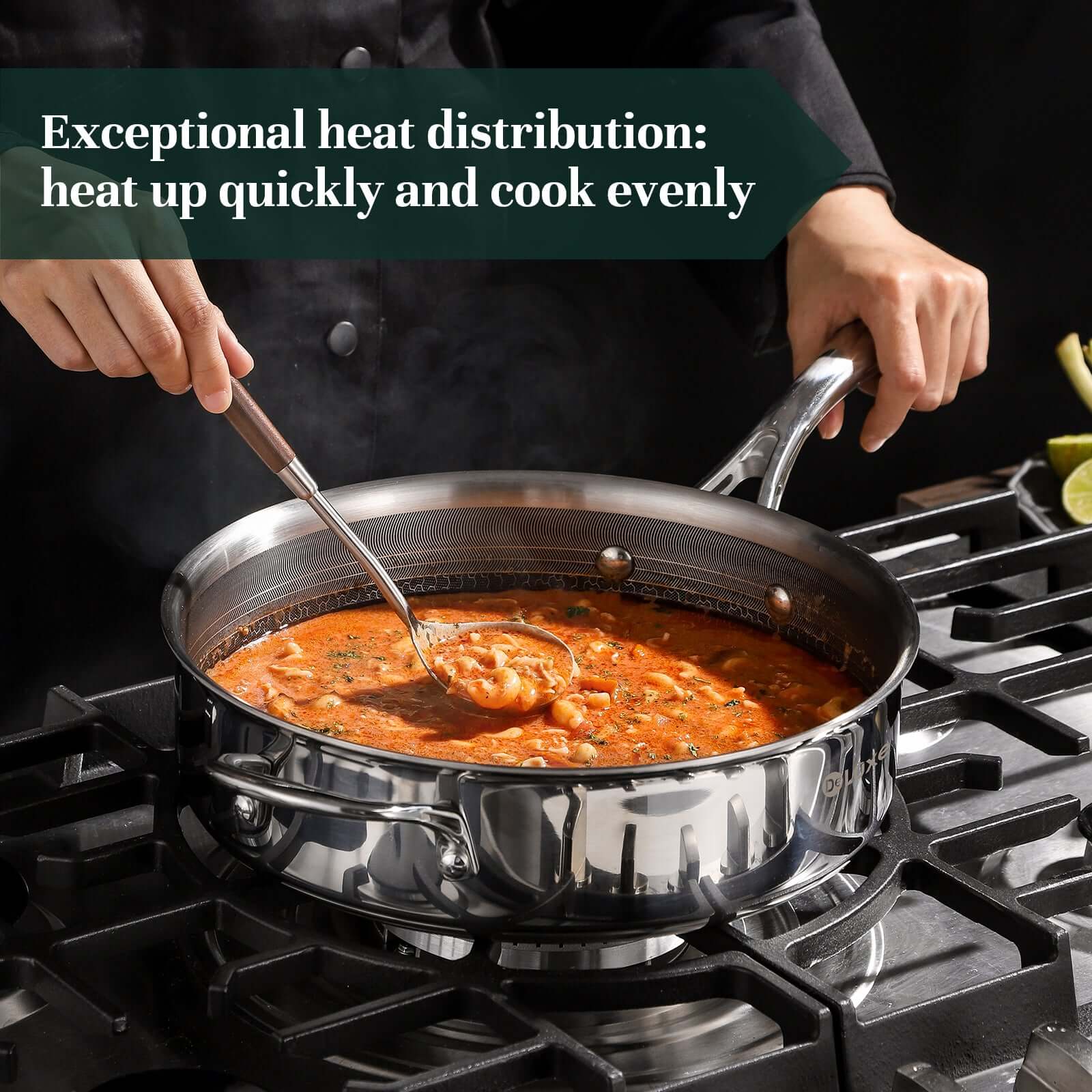 Deep saute stainless steel pan with even heat distribution