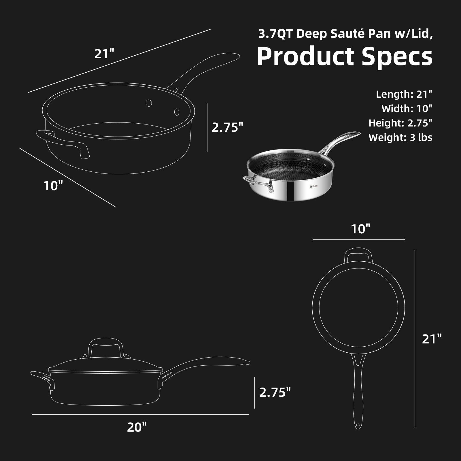 3.7 Qt Hybrid Ceramic Nonstick Stainless Steel Sauté Pan with Lid - Deluxe Cookware