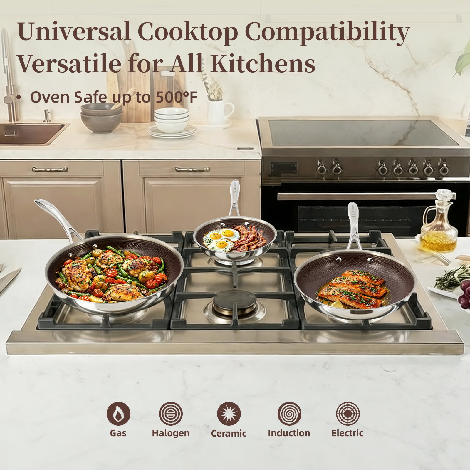 5-Piece Hybrid Nonstick Stainless Steel Frying Pan Set (Burgundy) - Deluxe Cookware