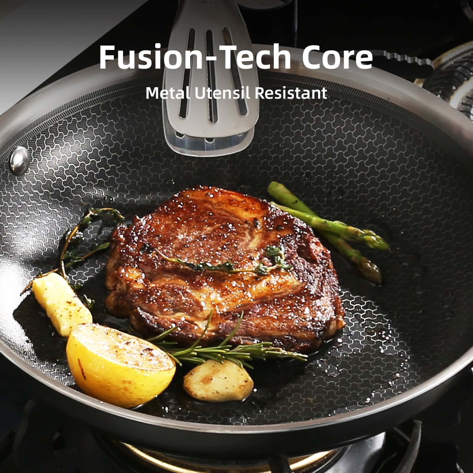 metal utensil resistant ceramic coating Frying pan with cooked steak