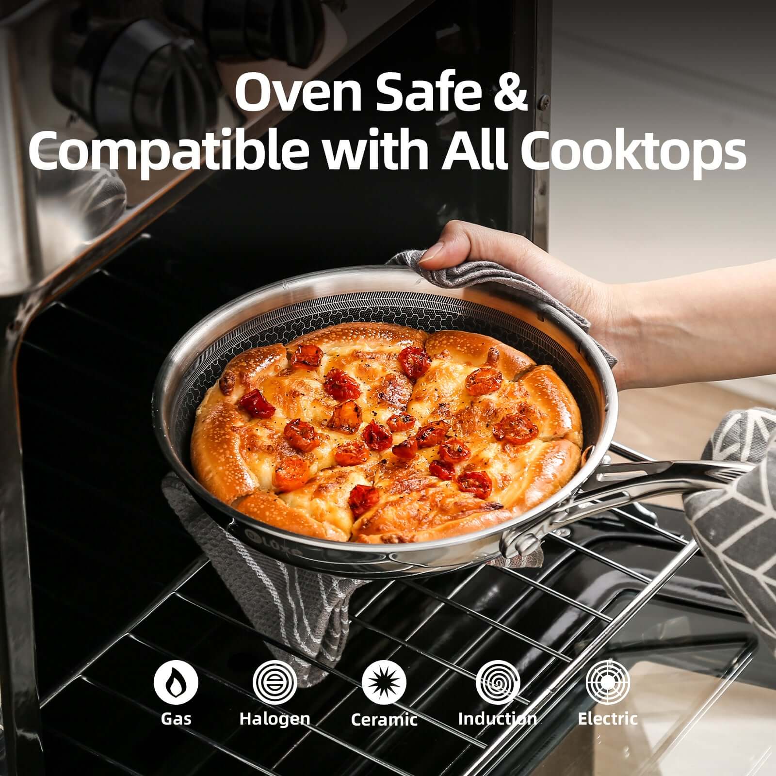 Deluxe Hybrid Fry Pan cooking pizza compatible with all cooktops