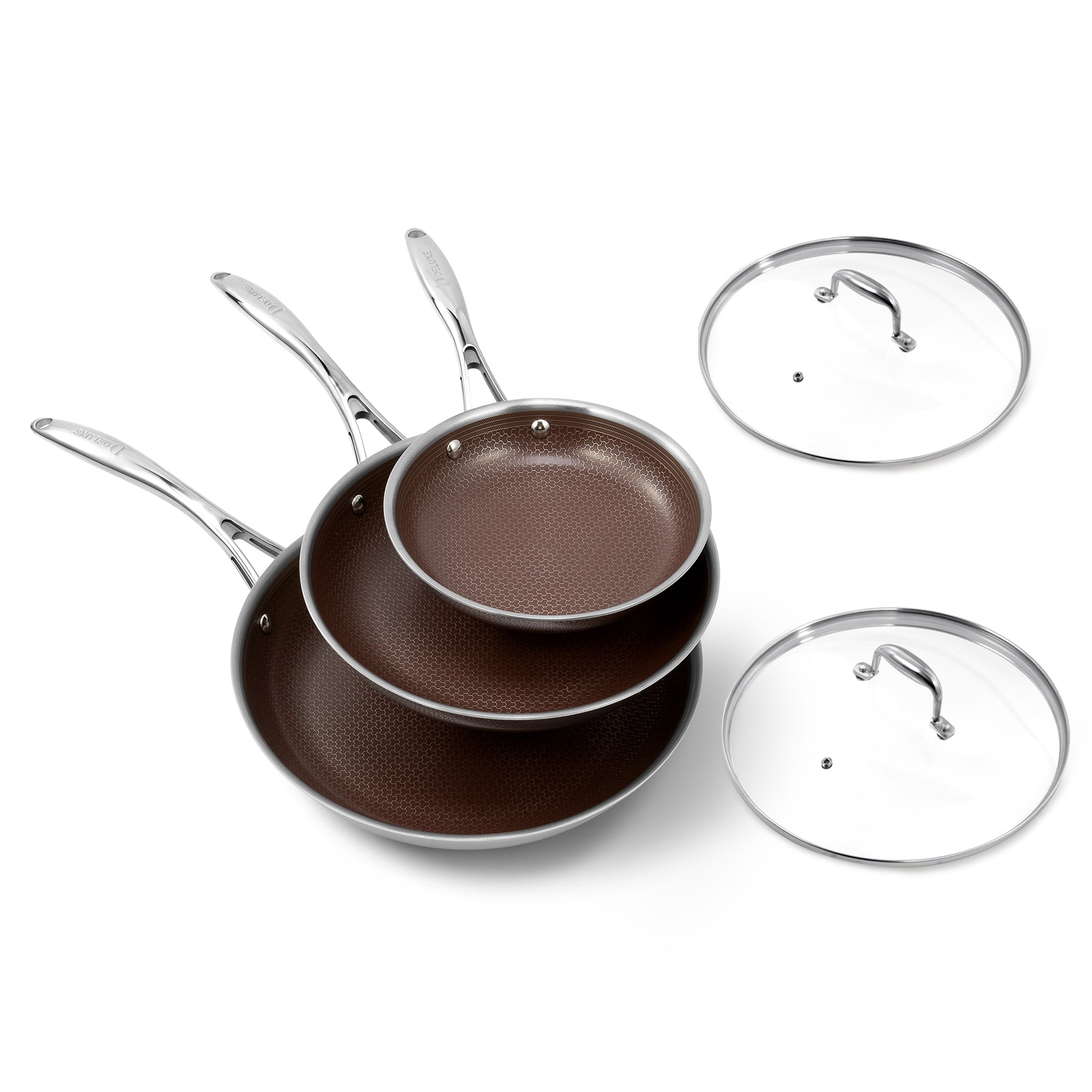 5-Piece Hybrid Nonstick Stainless Steel Frying Pan Set (Burgundy) - Deluxe Cookware