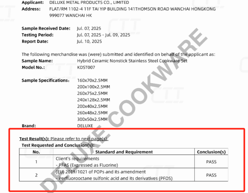 Product testing report for ceramic nonstick cookware set with test results PFAS FREE PFOA FREE