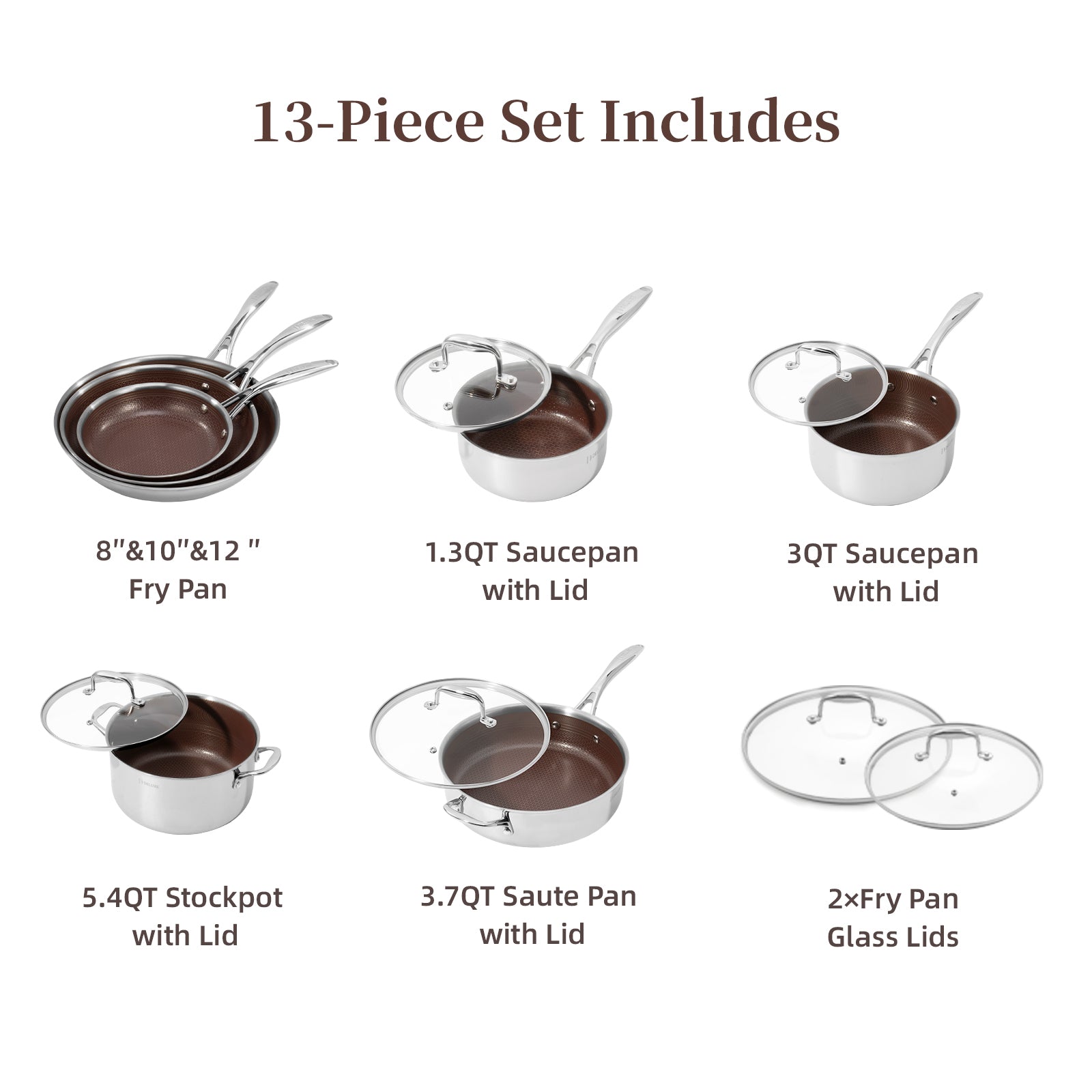 13-Piece Hybrid Ceramic Nonstick Stainless Steel Cookware Set (Burgundy) - Deluxe Cookware