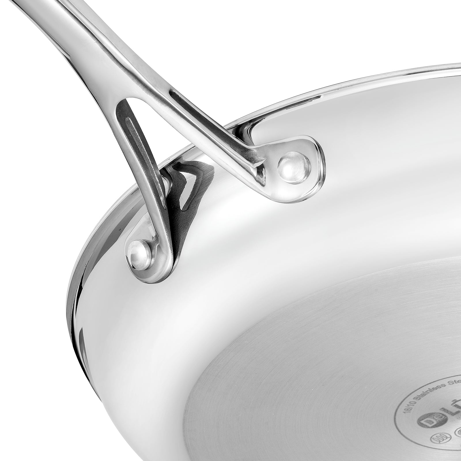 close-up of stainless steel rivets on hybrid frying pan handle