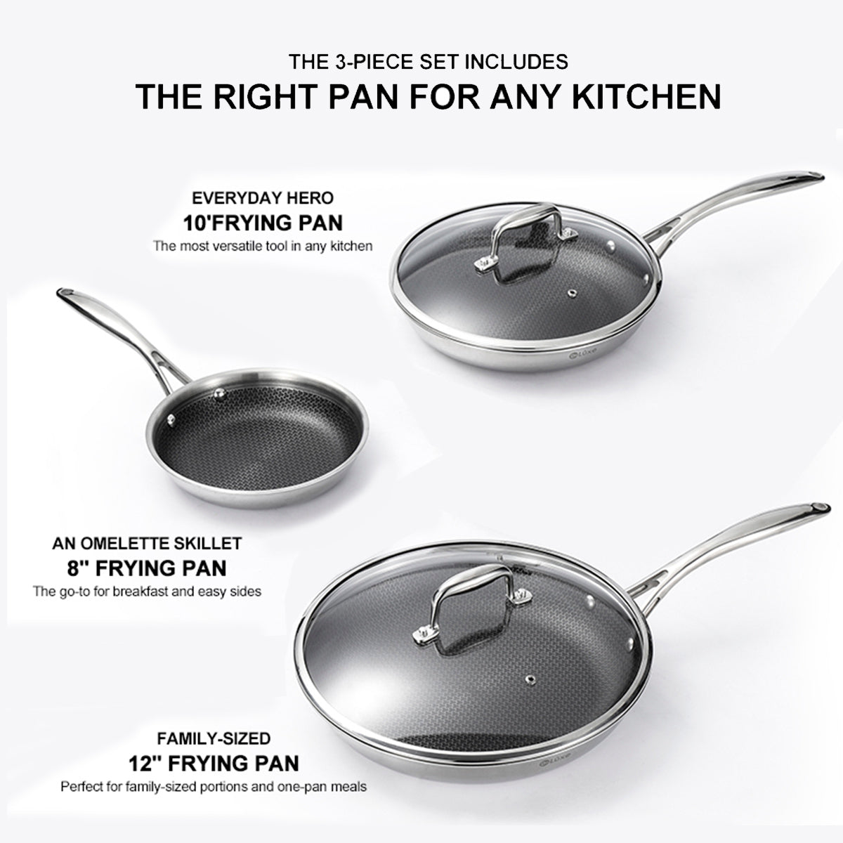 5-Piece Hybrid Ceramic Nonstick Stainless Steel Frying Pan Set