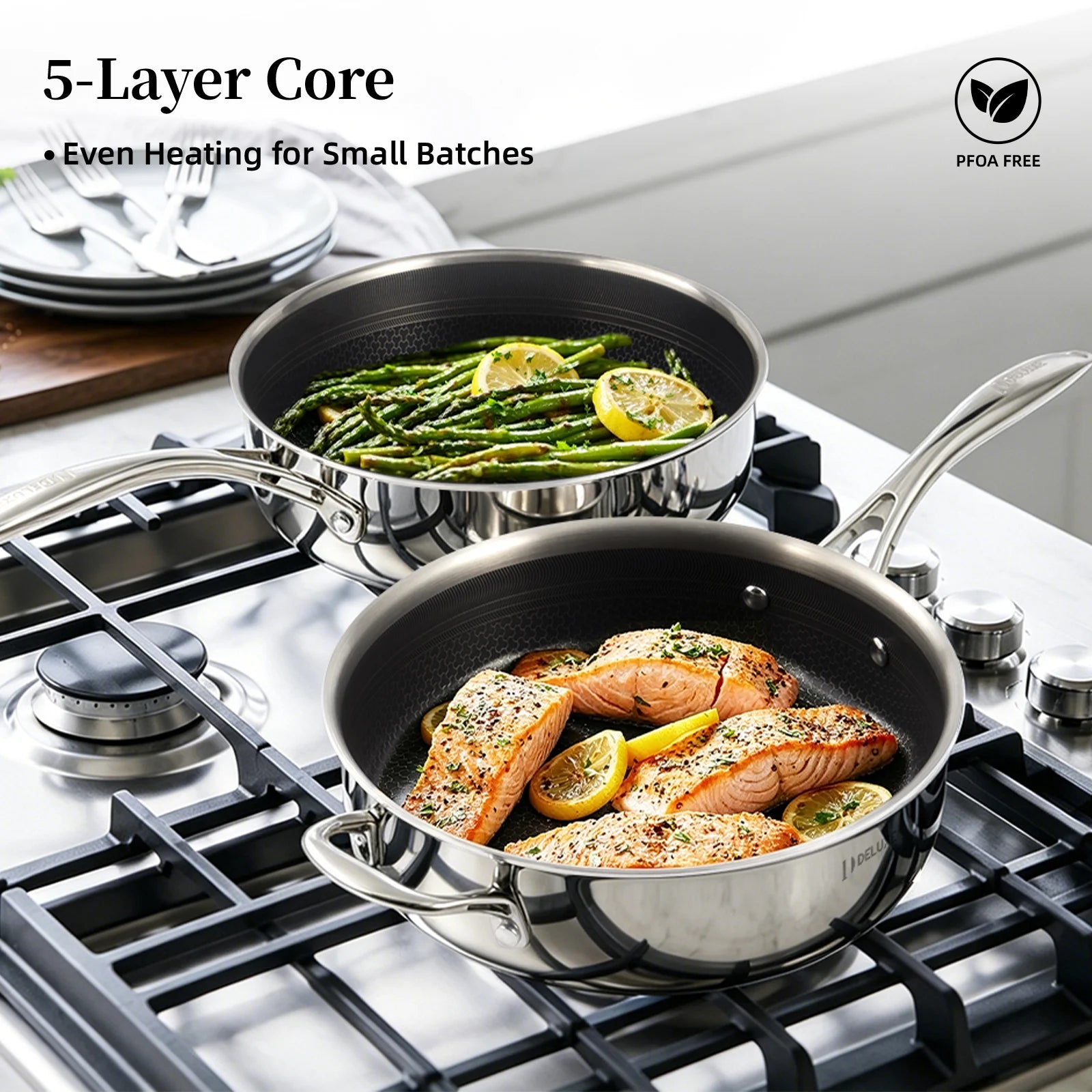 Deluxe Cookware 5 quart hybrid ceramic nonstick stainless steel saute pan with lid
