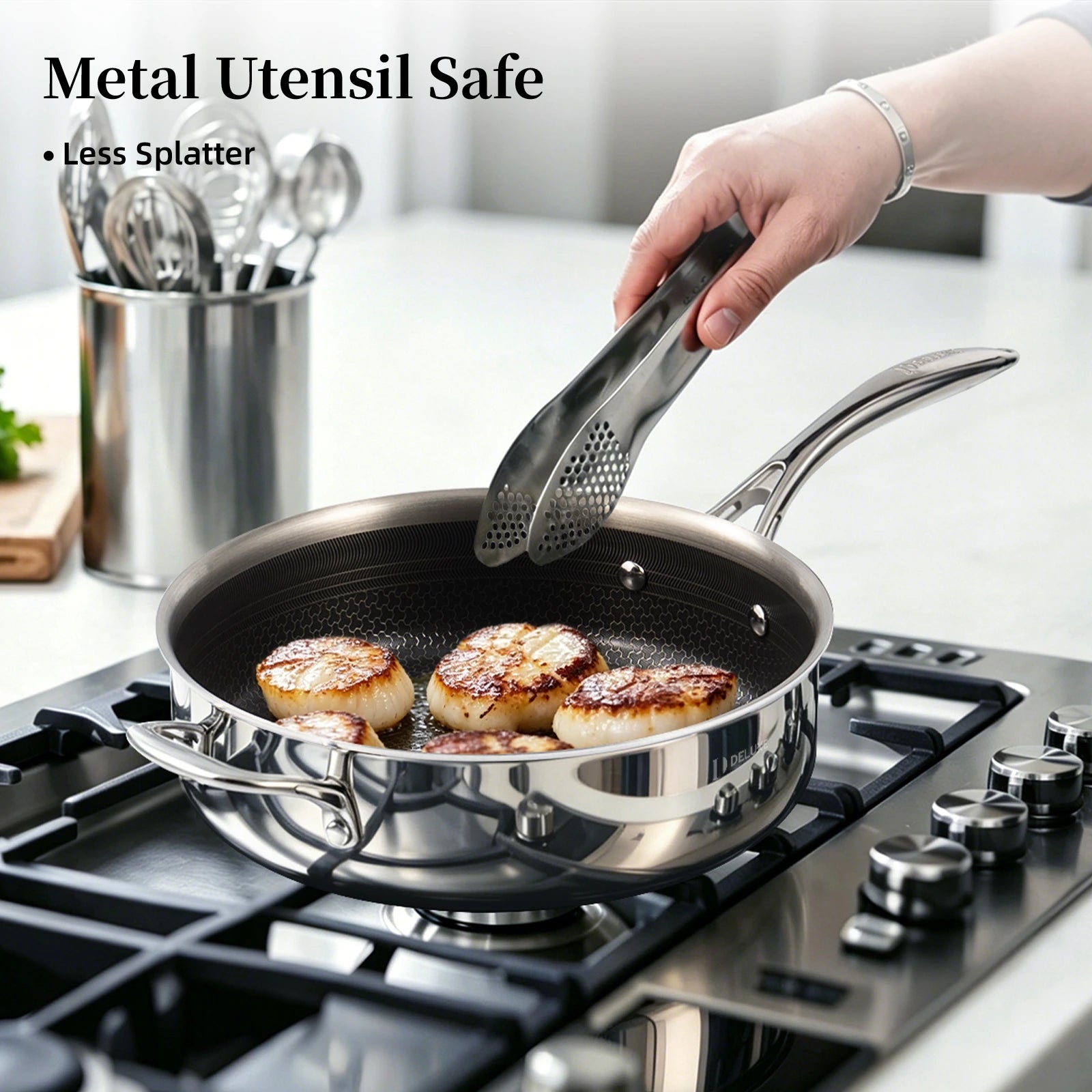 Deluxe Cookware 5 quart hybrid ceramic nonstick stainless steel saute pan with lid