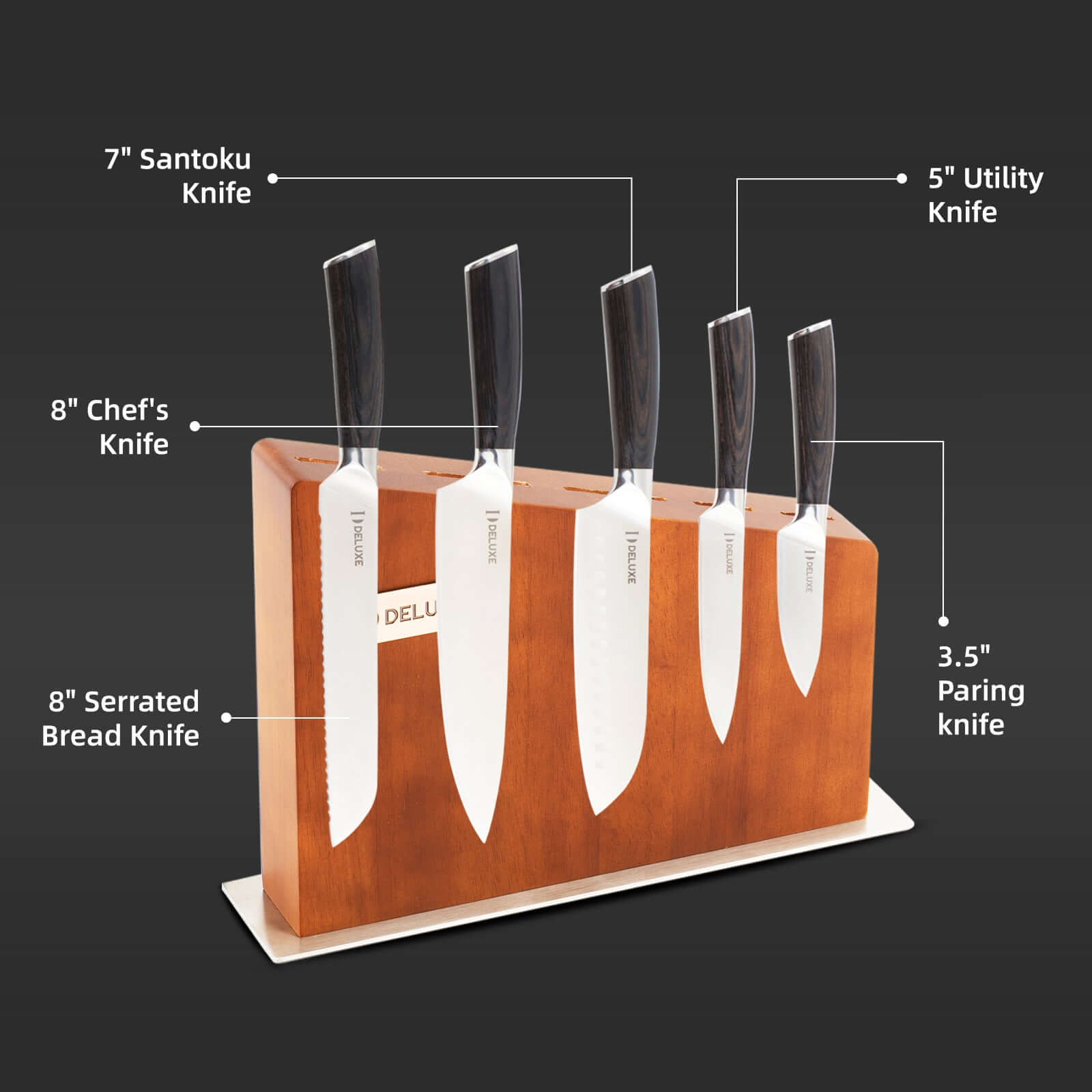 Set of knives in a wooden block with labeled sizes