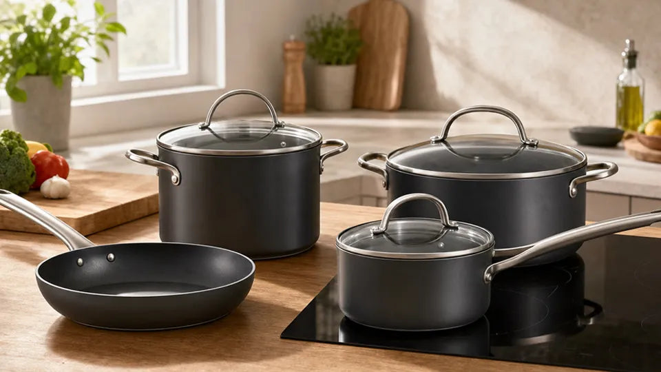 Dark nonstick induction pots and pans set including a frying pan, saucepan, and Dutch oven on a kitchen counter.