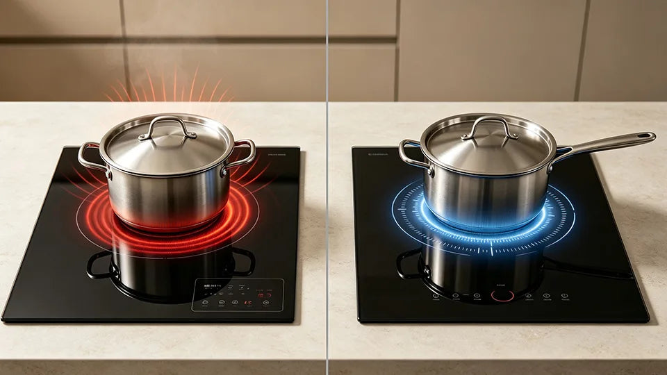 Two stainless steel pots with lids on a black glass cooktop, left burner glowing red and right burner glowing blue.