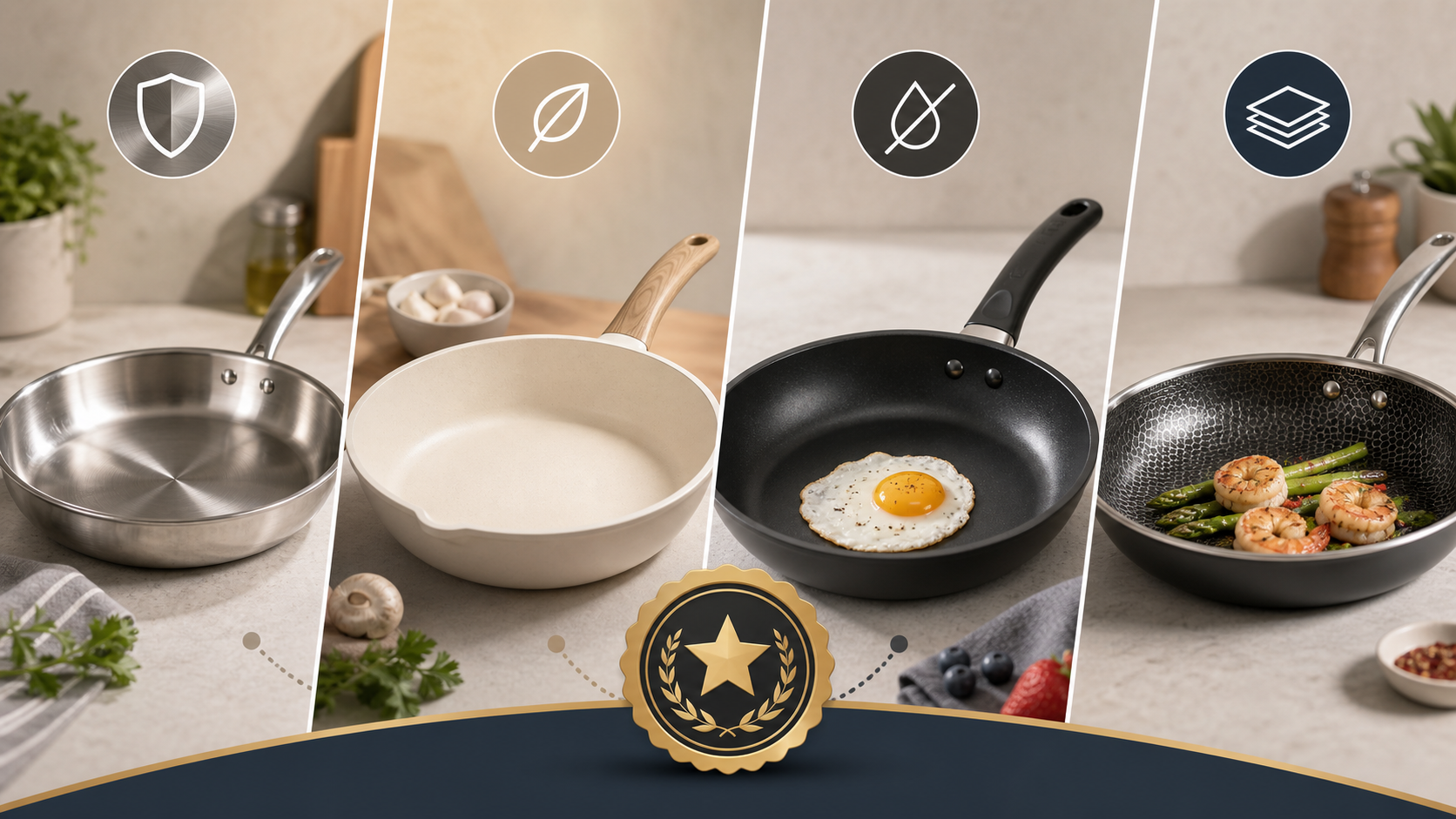 Deluxe Cookware stainless steel ceramic and nonstick frying pans with sunny-side egg and shrimp asparagus