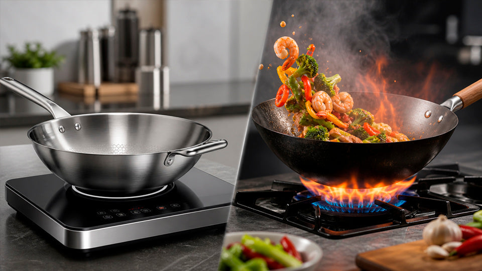 Deluxe Cookware stainless steel wok on induction and black wok stir-frying shrimp broccoli over flame