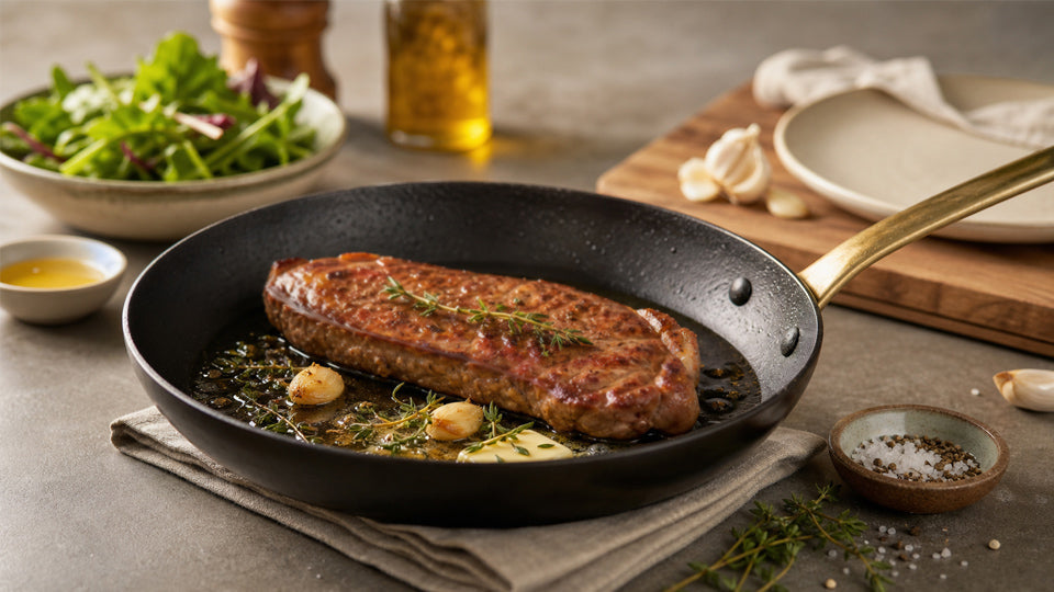 Steak searing in a skillet with butter, garlic, and thyme for a crispy crust