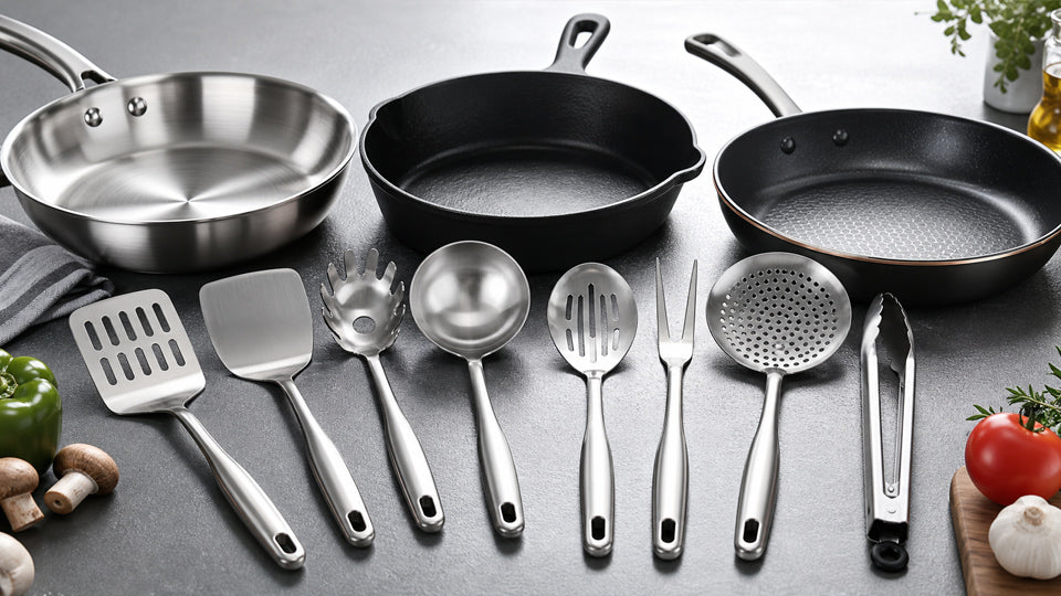 Deluxe Cookware stainless steel nonstick pans skillets utensils spatula ladle tongs with vegetables garlic tomato