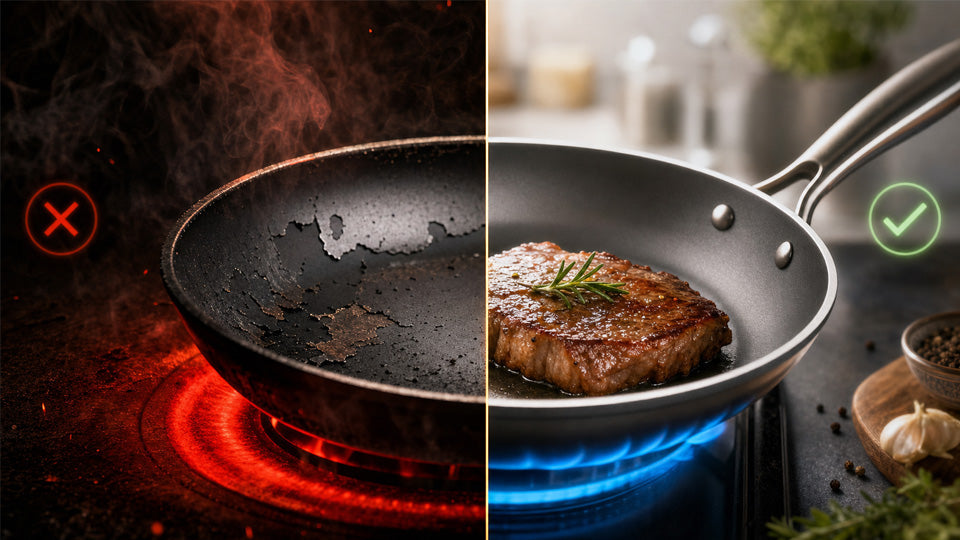 Scratched frying pan on red-hot burner beside nonstick pan cooking steak on blue flame