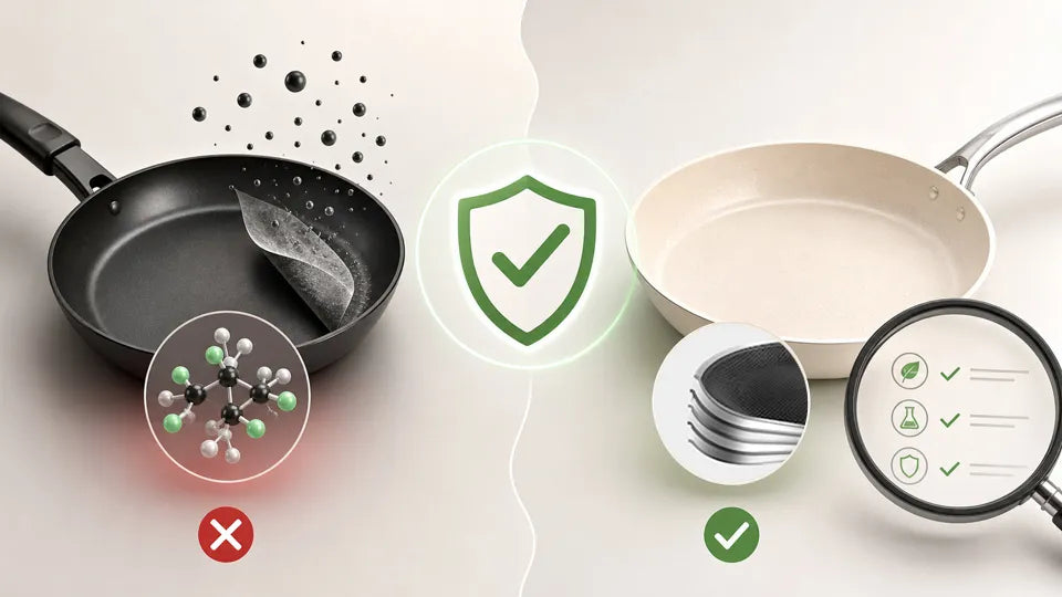 Black pan with peeling toxic coating vs Deluxe Cookware safe non-stick frying pan with multi-layer protection and eco certifications