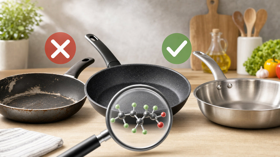 Deluxe Cookware nonstick pan with green checkmark next to damaged pan with red X and stainless skillet showing molecule