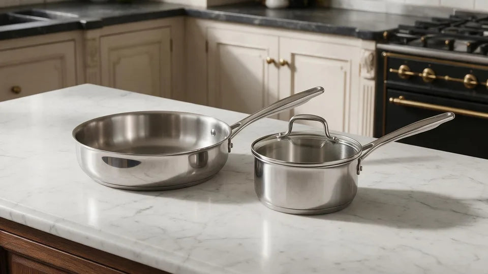 Shiny metal sauté pan and lidded pot with long handles on a white veined countertop.