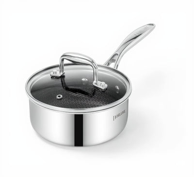 1.3 qt stainless steel hybrid ceramic nonstick saucepan with glass lid and silver handle