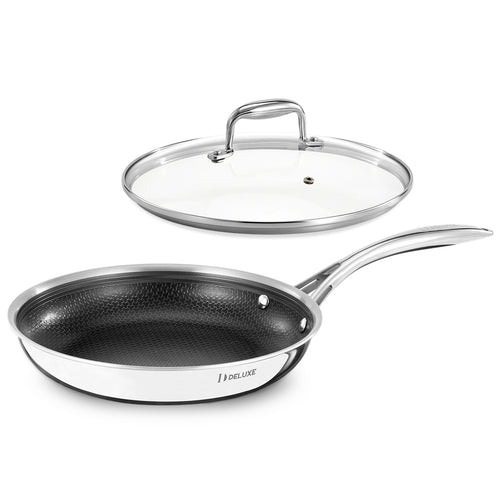 DELUXE Hybrid Keramisk Nonstick 25 cm Stegepande med Hærdet Glaslåg, Stegepande med Kølige Håndtag, Tåler Opvaskemaskine og Ovn, PFOA-Fri, Kompatibel med Alle Kogeplader 