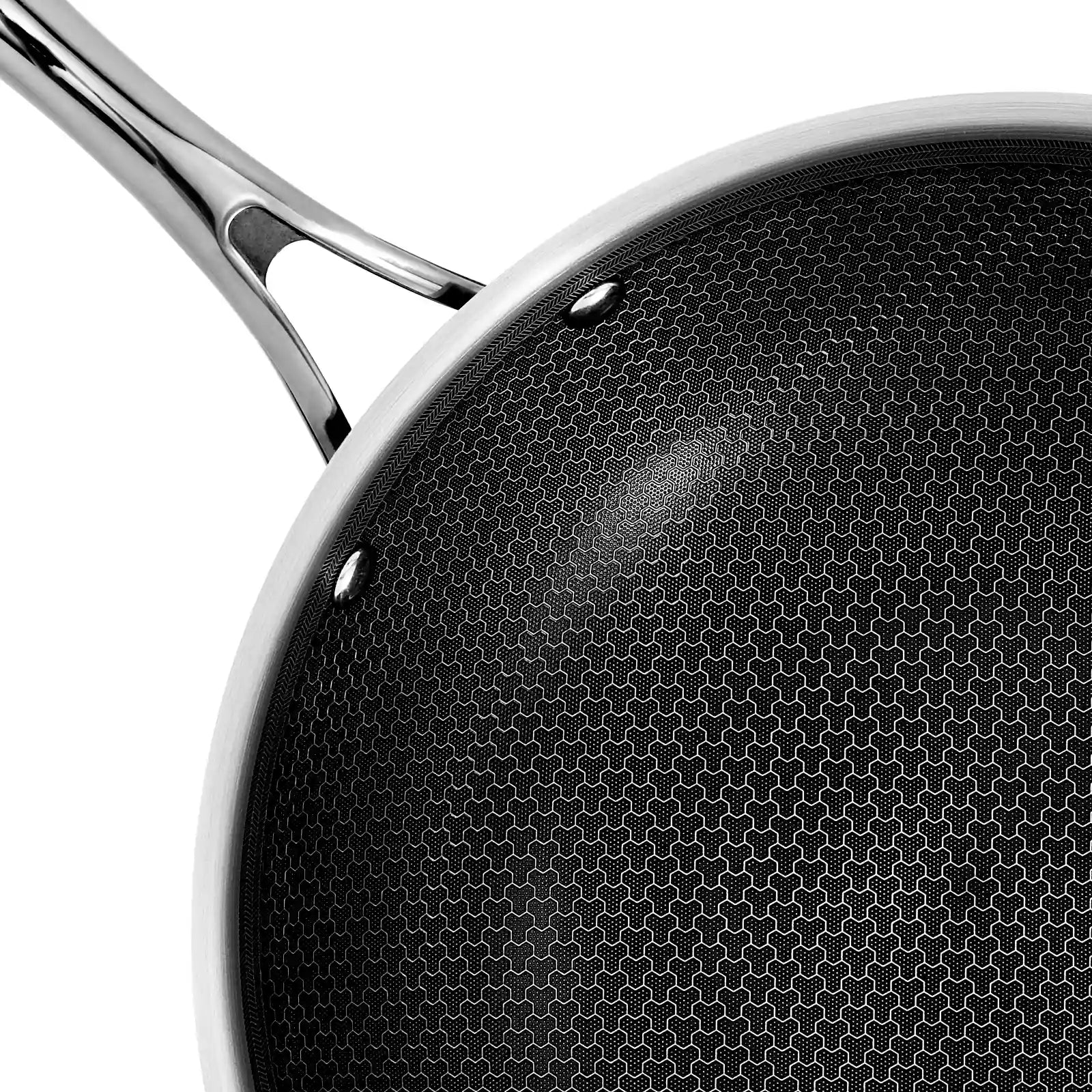 12-inch hybrid ceramic nonstick stainless steel wok with silver handle and hex pattern surface