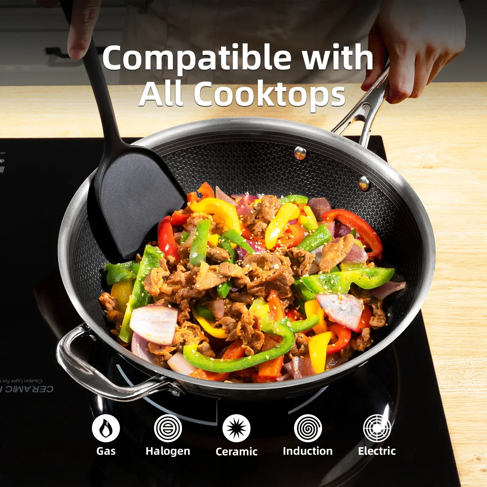 Hybrid ceramic nonstick stainless steel wok with stir-fried vegetables on all cooktops
