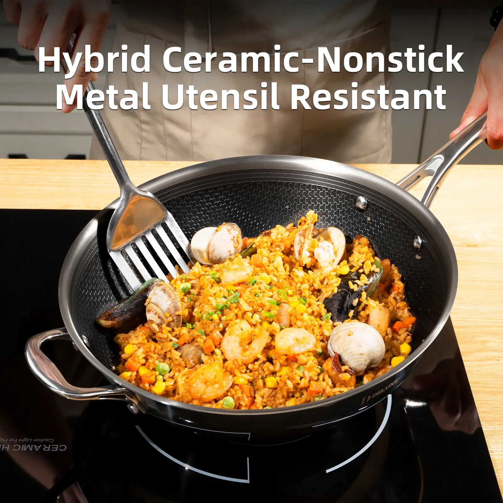 12-inch hybrid ceramic nonstick stainless steel wok with seafood fried rice on stovetop