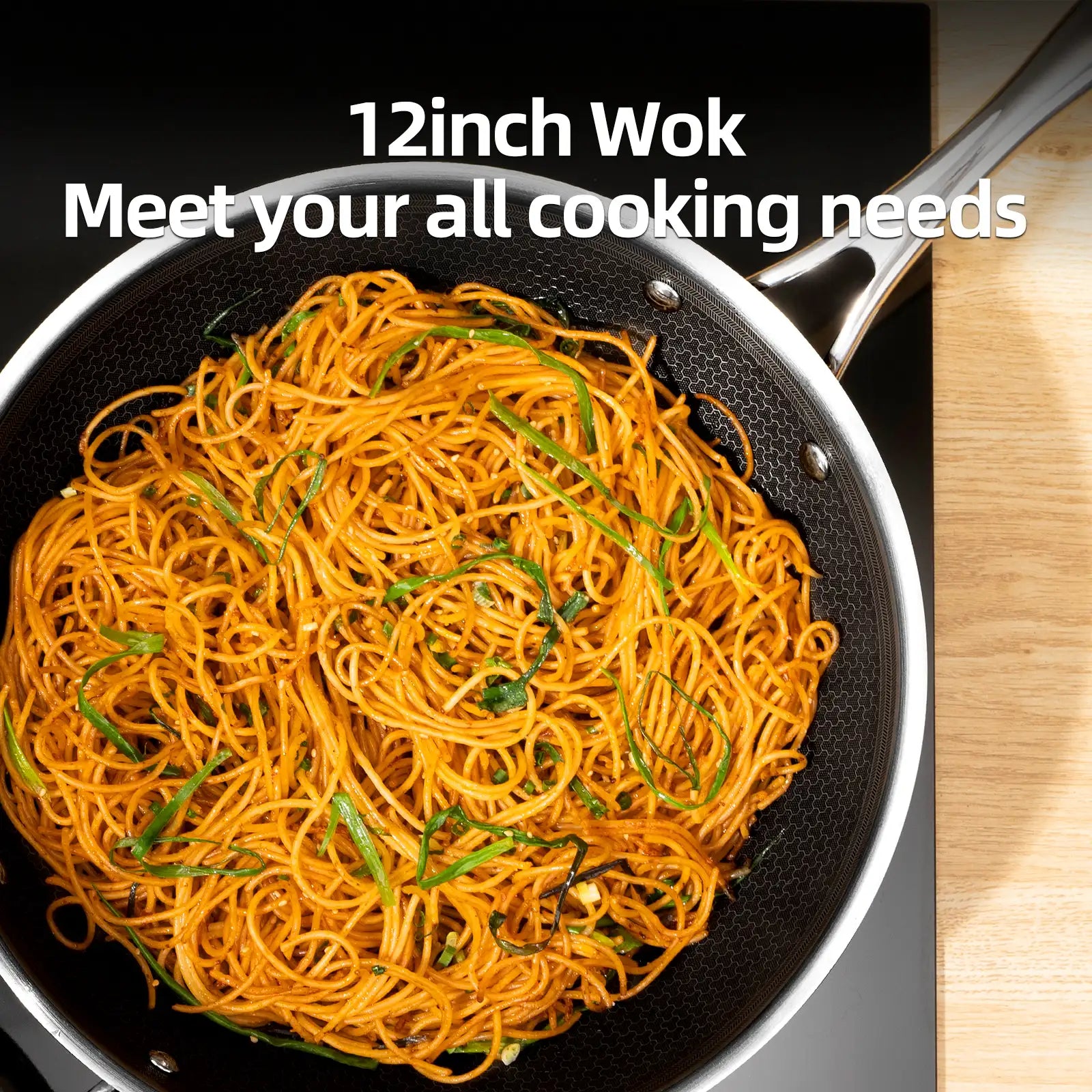 12-inch hybrid ceramic nonstick stainless steel wok with stir-fried noodles and vegetables