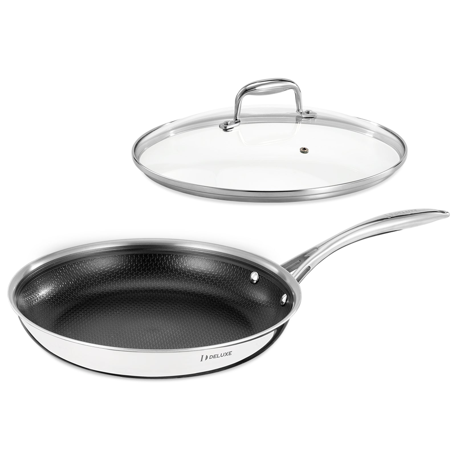12 In Hybrid Ceramic Nonstick Stainless Steel Frying Pan with Lid - Deluxe Cookware