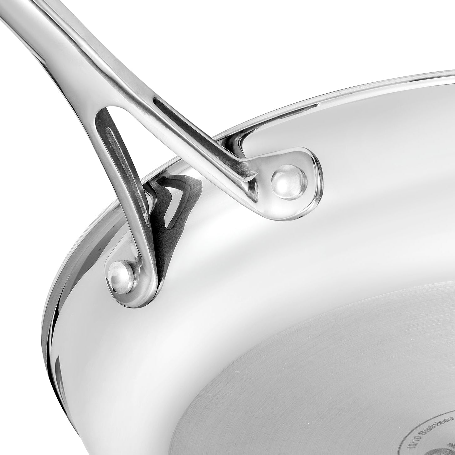 close-up of stainless steel riveted handle on 12 inch ceramic frying pan